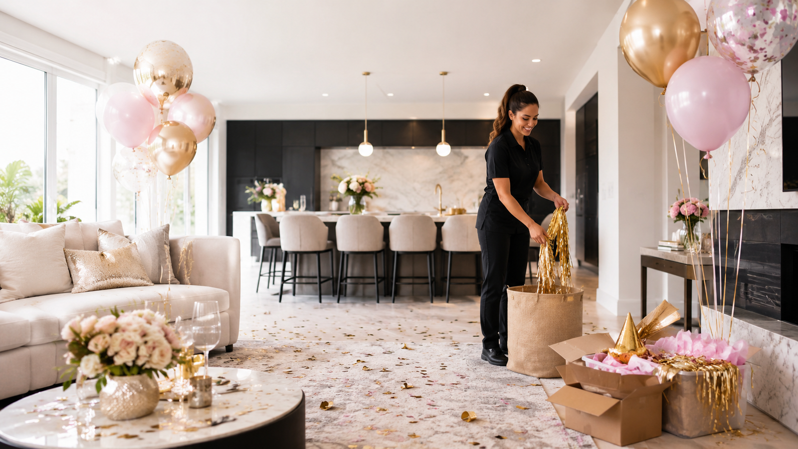 A party helper cleaning up decorations after a celebration