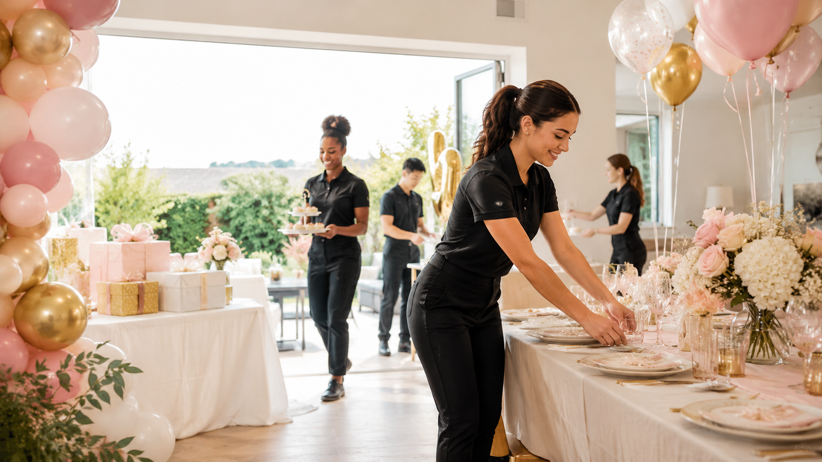 A party team preparing a stylish celebration with balloons, gifts, and table settings