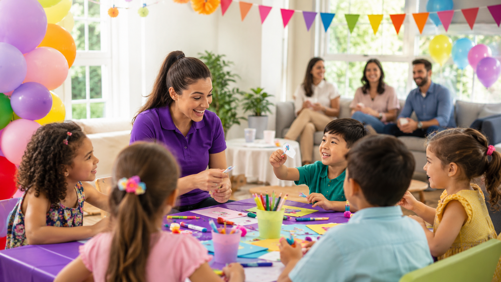 A party helper leading a kids craft activity at a cheerful party